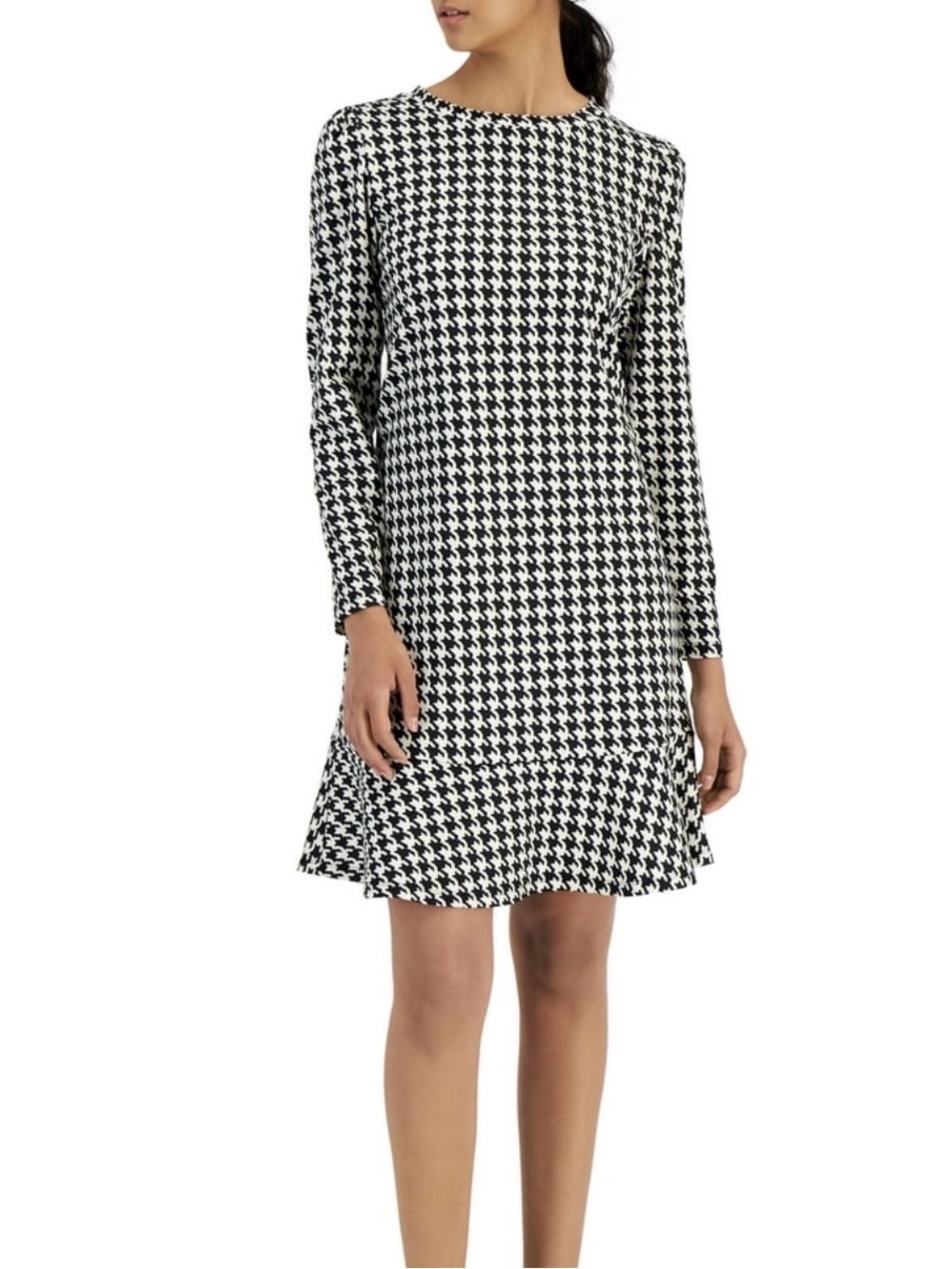 Anne Klein Houndstooth Long Sleeve Ruffle Hem Shift Dress Black/White XL